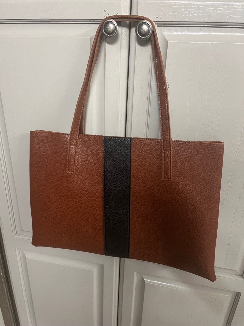 Brown Tote Bag with Black Center Stripe - Classic Women's Carryall